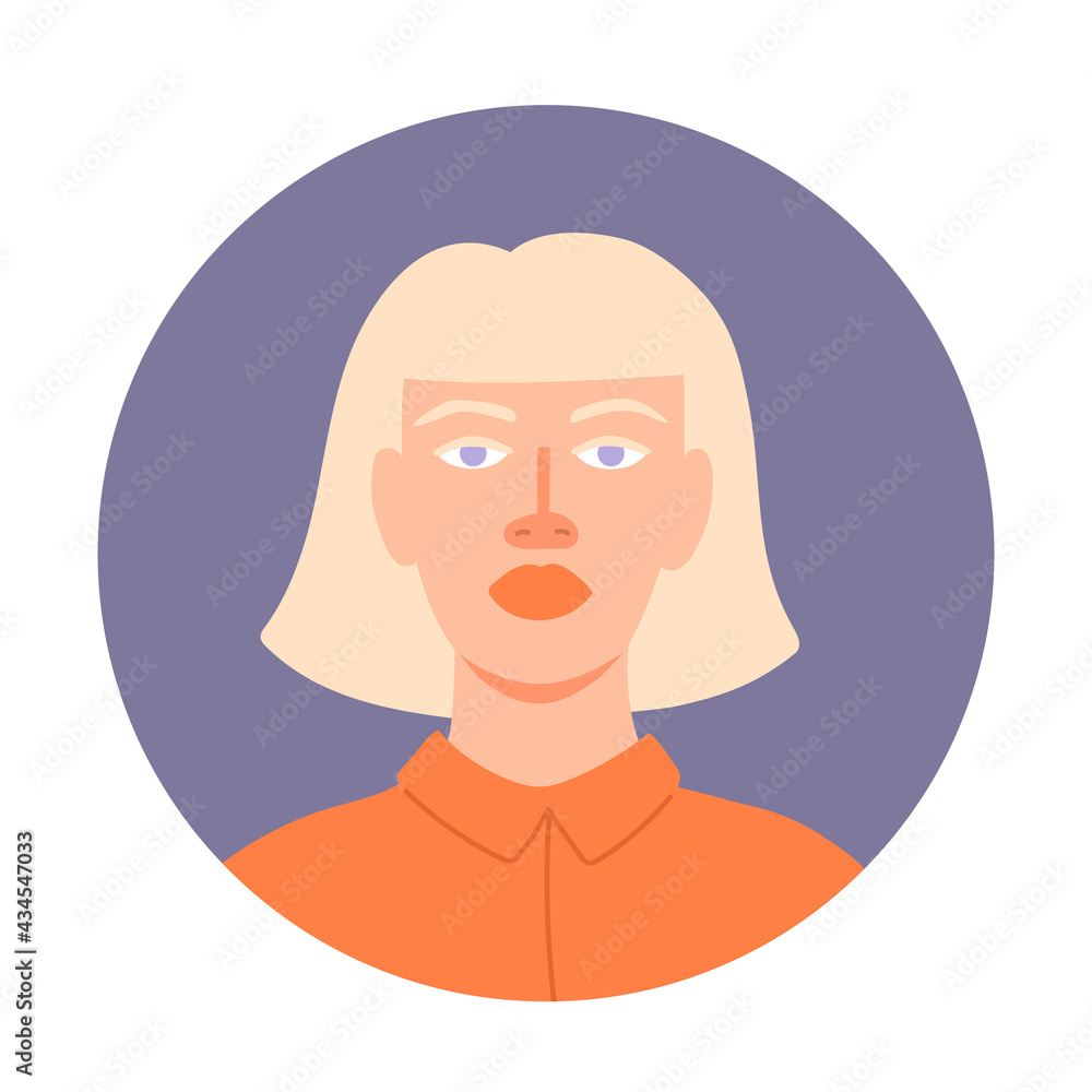 Vector illustration with beautiful female person. Avatar blond albino female character with blue eyes. Flat icon design of young woman for business account in flat cartoon style Vector illustration with beautiful female person. Avatar blond albino female character with blue eyes. Flat icon design of young woman for business account in flat cartoon style