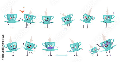 Set of cute characters teacup and saucer with emotions, face, arms and legs. Smiling or sad dishes with steam, heroes in love keep their distance, dance or cry