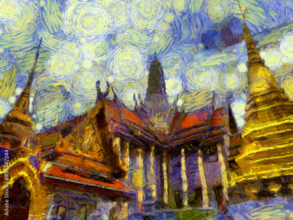 The grand palace, wat phra kaew bangkok thailand Illustrations creates an impressionist style of painting.