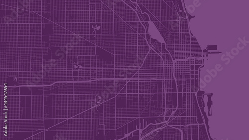 Purple Chicago city area vector background map, streets and water cartography illustration.
