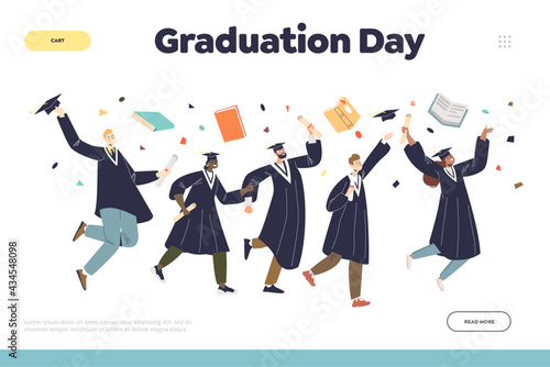 Graduation day concept of landing page with group of students graduates in gown jumping