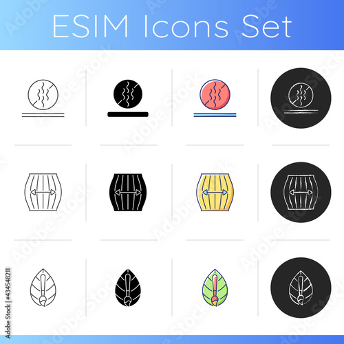 Different fabric features icons set. Stretching fiber. Odor resistant textile. Textile industry. Staining fabric with natural dye. Linear, black and RGB color styles. Isolated vector illustrations