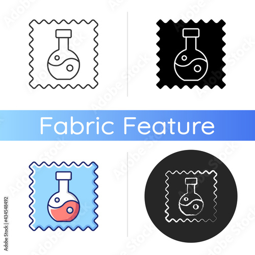 Synthetic fabric property icon. Fiber label. Artificial, unnatural fiber. Man made tissue type. Special textile quality. Linear black and RGB color styles. Isolated vector illustrations