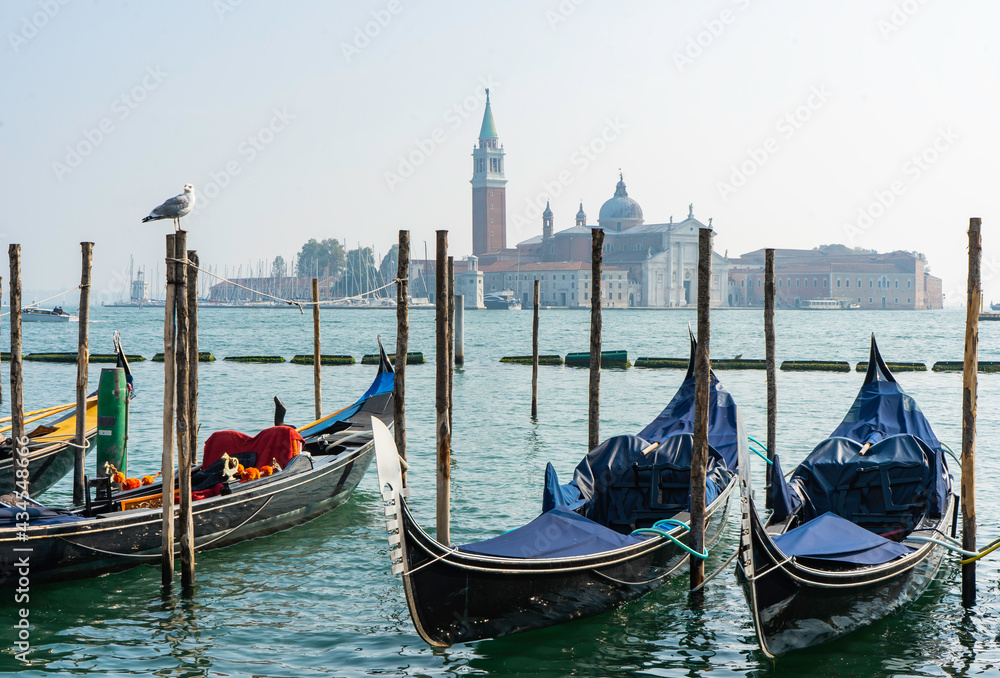 View of gondolas on a canal in Venice, Italy