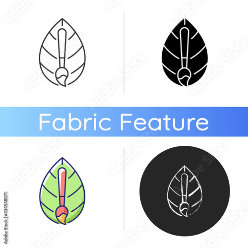 Natural dye textile icon. Eco friendly fabric feature. Healthy lifestyle staining material option. Textile industry. Fiber dyeing. Linear black and RGB color styles. Isolated vector illustrations