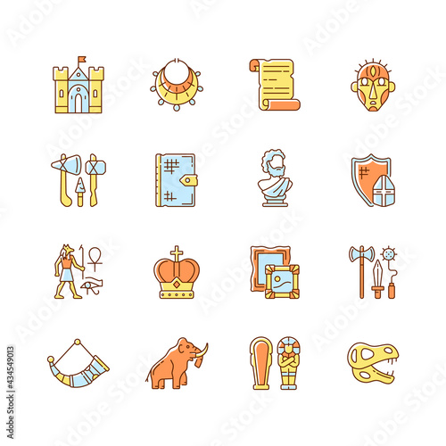Heritage and museum RGB color icons set. Medieval times. Excavated treasure. Middle ages. Historic building. Ancient jewelry. Art history. Paleontological excavation. Isolated vector illustrations