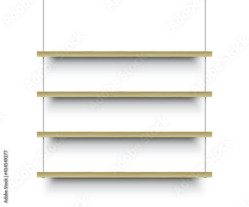 Four wooden shelves hanging on a metal wire on white wall background. Minimalist shelves vector illustration.