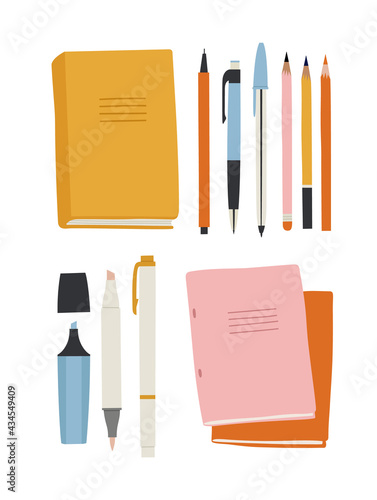 Vector illustration of chancellery, office. Notebooks, books, pens, pencils, markers. Hand-drawn illustration in flat style. Suitable for illustrating the learning process, education, drawing.