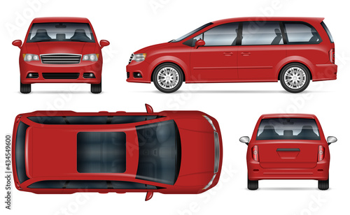 Red minivan vector mockup on white background for vehicle branding, corporate identity. View from side, front, back, top. All elements in the groups on separate layers for easy editing and recolor photo