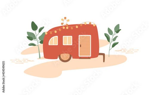 Red trailer on the abstract beach with garland lights. Tropical leaves, textured sand. Van lifestyle. Vector illustration, summer trip, vacation banner, card.