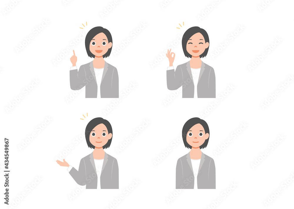 Business woman set with professional young female employee or teacher in different gestures and pose.  Isolated on white background. Colorful vector illustration in flat style