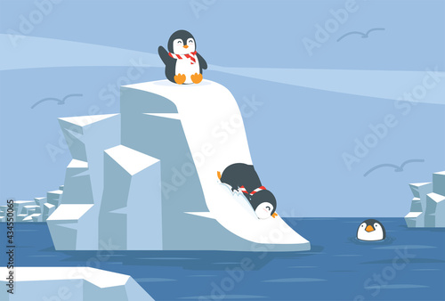 Penguins sliding down snowy slope into water