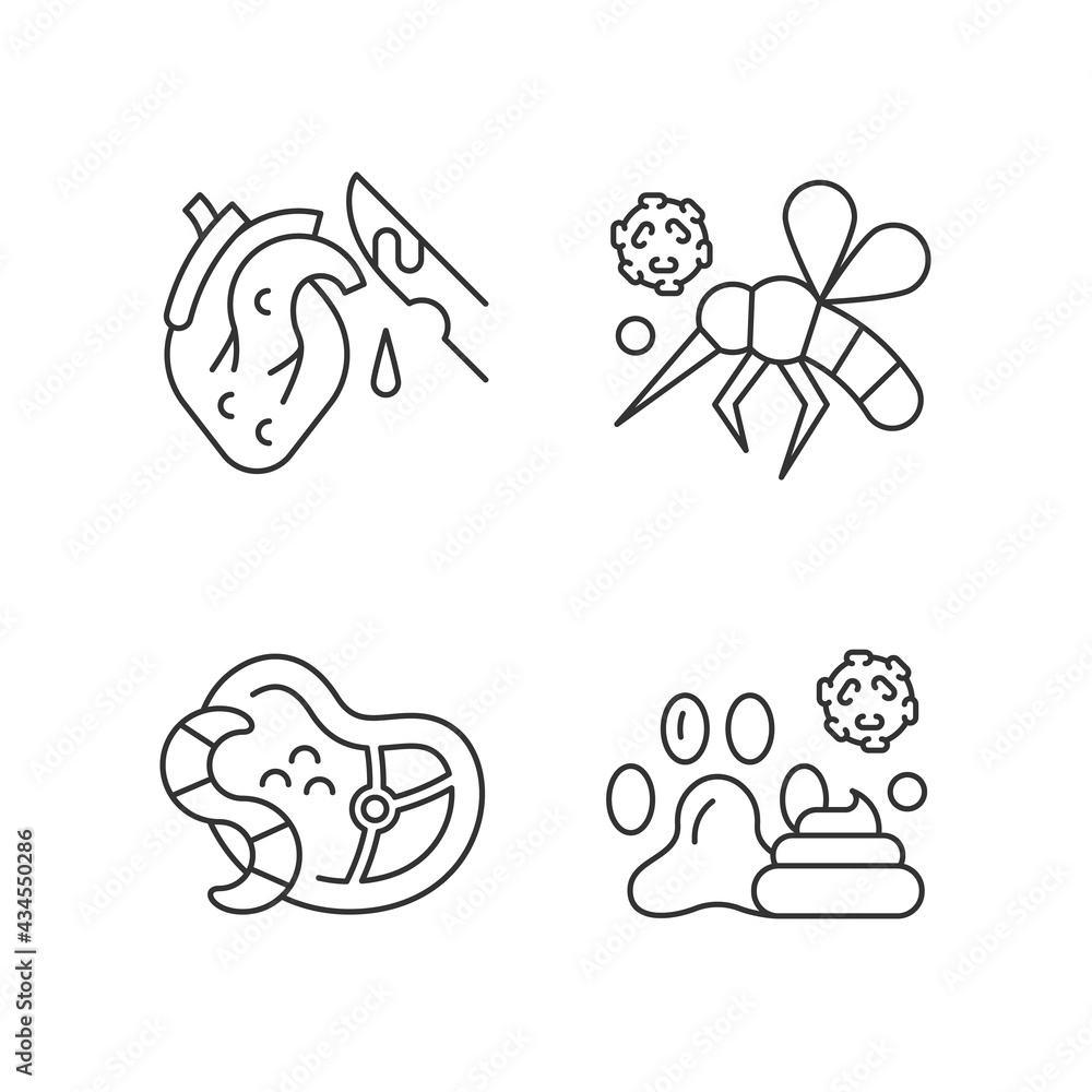 Biological waste linear icons set. Animal waste that pollutes environment. Parasites spreading diseases. Customizable thin line contour symbols. Isolated vector outline illustrations. Editable stroke Biological waste linear icons set. Animal waste that pollutes environment. Parasites spreading diseases. Customizable thin line contour symbols. Isolated vector outline illustrations. Editable stroke