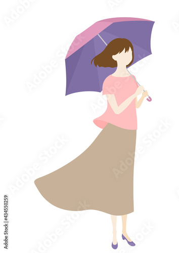 Illustration of a woman holding an umbrella (white background, vector, cut out)