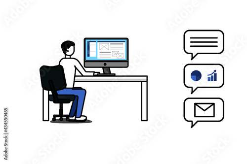 デスクワークする男性 ベクター フラットデザイン イラスト 在宅ワーク 勤務中 チャットのやりとり ライティング メールやグラフ イラレ オフィスチェア スマート パソコンで仕事