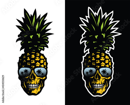 Skull pineapple in sunglasses on a light and dark background. Vector illustration.