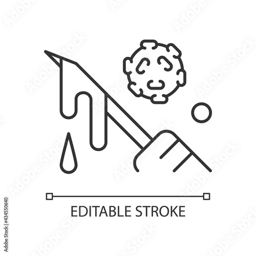Blood linear icon. Hospital waste transmitting infectious material. Biological risk for health. Thin line customizable illustration. Contour symbol. Vector isolated outline drawing. Editable stroke