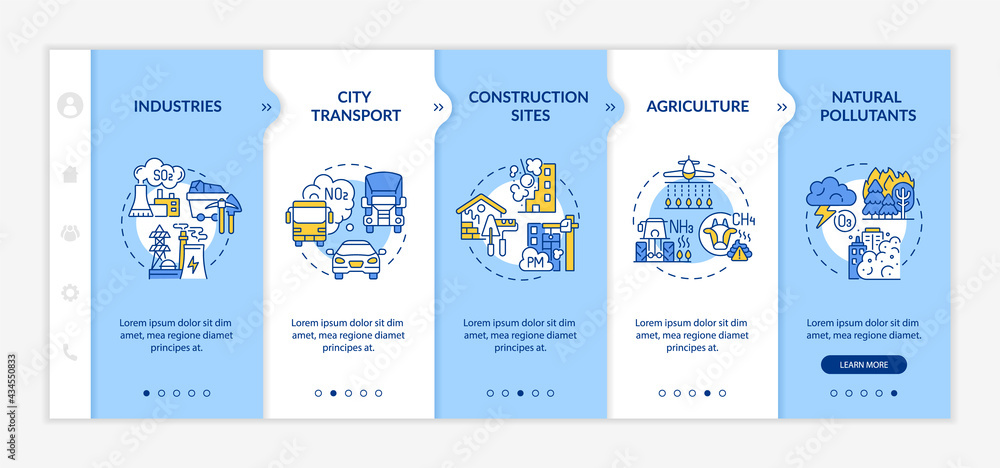 Surrounding air pollution onboarding vector template. Responsive mobile website with icons. Web page walkthrough 5 step screens. Urban transport, industries color concept with linear illustrations