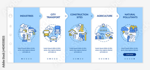 Surrounding air pollution onboarding vector template. Responsive mobile website with icons. Web page walkthrough 5 step screens. Urban transport, industries color concept with linear illustrations