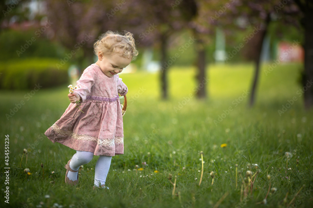 Beautiful toddler blond child, cute little girl in vintage rose dress, playing in the park springtime Beautiful toddler blond child, cute little girl in vintage rose dress, playing in the park springtime