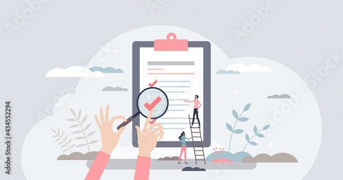 Traceability and product quality control with tracking tiny person concept. Source supply chain logistics verification and monitoring ability for ethical and transparent business vector illustration.