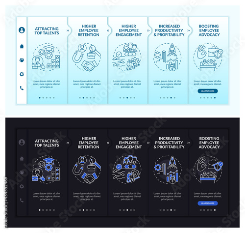 Corporate ethos benefits onboarding vector template. Responsive mobile website with icons. Web page walkthrough 5 step screens. Boosting advocacy night and day mode concept with linear illustrations