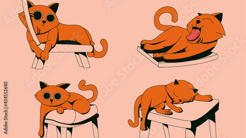Playful cute cats flat outline item set. cartoon fluffy kitties, kittens and tabbies sitting, playing, lying and sleeping isolated vector illustration collection. pets and animals concept Free Vector
