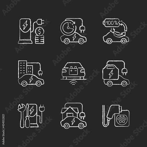 Electric vehicle charging chalk white icons set on black background. Places where you can fill up battery of electromobile. Paying money for electricity. Isolated vector chalkboard illustrations