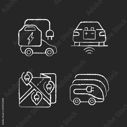 Electric vehicle charging chalk white icons set on black background. Charging time of electromobiles. Money spent for electricity on charging stations. Isolated vector chalkboard illustrations
