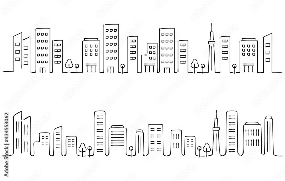 手書き風の都会の街並み　ビル　線画　Building Cityscape Handwritten Line drawing