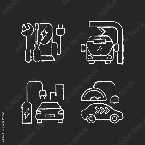 Electric vehicle charging chalk white icons set on black background. Different types of charging stations for electromobiles. Time spent to fill up battery. Isolated vector chalkboard illustrations