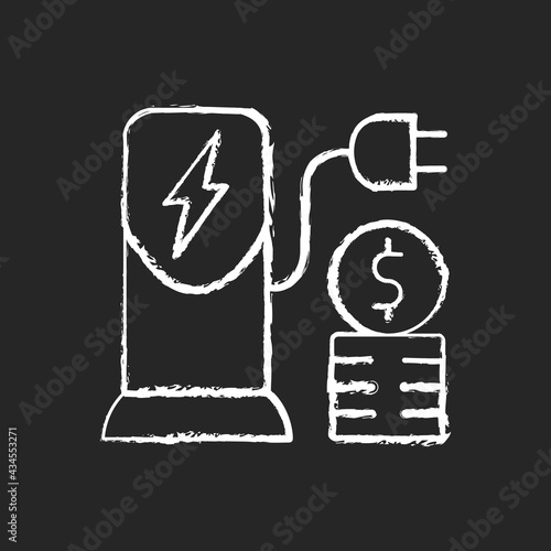 Charging cost chalk white icon on black background. Amount of money payed for charging battery of electromobile. Natural fuel. Ecological way of traveling. Isolated vector chalkboard illustration