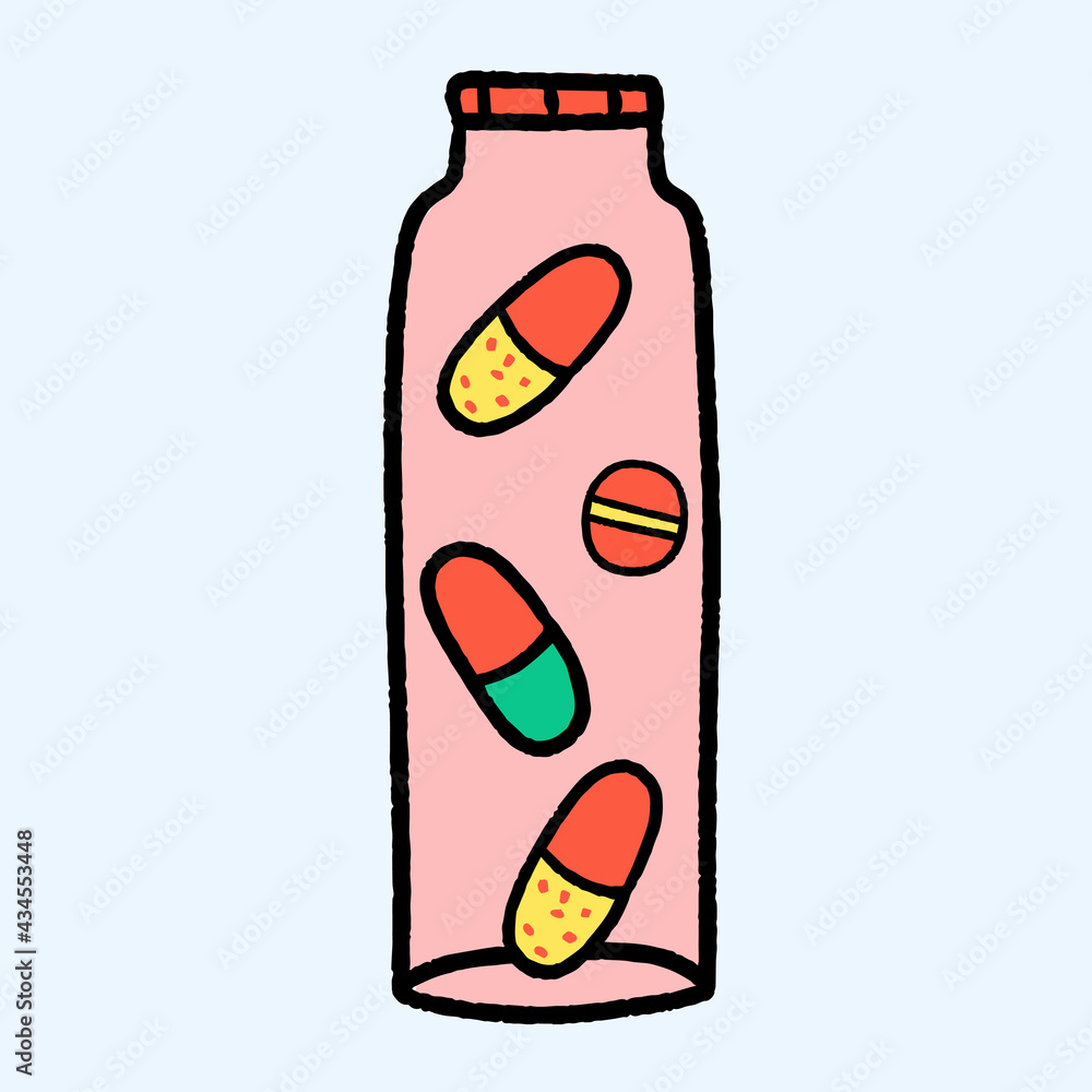 a bottle with pills and vitamins.Case for pills as indicated by a doctor.Dietary supplements for health care. Surreal medications.Hand drawn pencil style.baby medicine sticker a bottle with pills and vitamins.Case for pills as indicated by a doctor.Dietary supplements for health care. Surreal medications.Hand drawn pencil style.baby medicine sticker