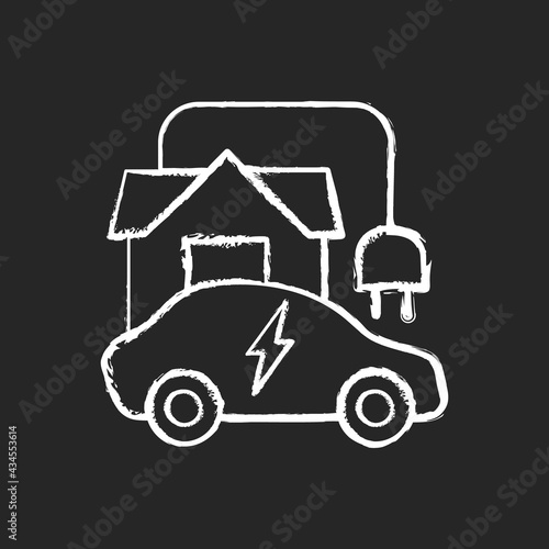 Home EV charging point chalk white icon on black background. Fueling up electronic vehicle at home. Convinient place to charge electromobile. Natural fuel. Isolated vector chalkboard illustration