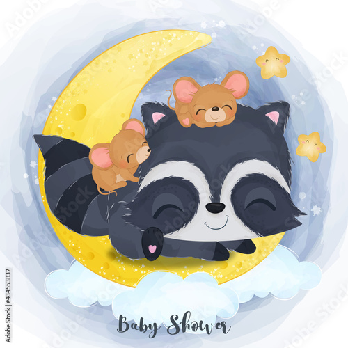 Cute little raccoon and mice illustration in watercolor for nursery decoration