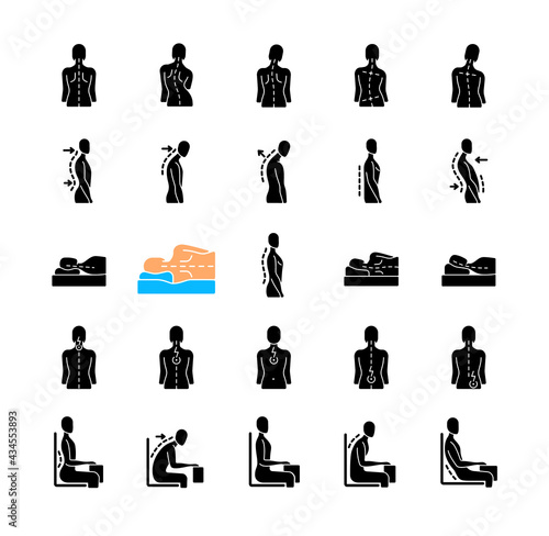 Back and posture problems black glyph icons set on white space. Spinal abnormalities. Maintaining natural alignment. Sitting, sleeping position. Silhouette symbols. Vector isolated illustration