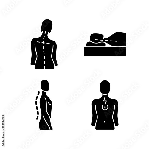 Postural dysfunction black glyph icons set on white space. Head tilt. Incorrect sleeping position. Normal spinal anatomy. Chest pain. Muscle weakness. Silhouette symbols. Vector isolated illustration