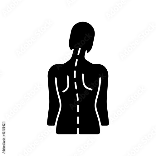 Spinal abnormalities black glyph icon. Head tilt. Thoracic scoliosis. Muscle weakness. Radicular pain. Scoliotic curve development. Silhouette symbol on white space. Vector isolated illustration