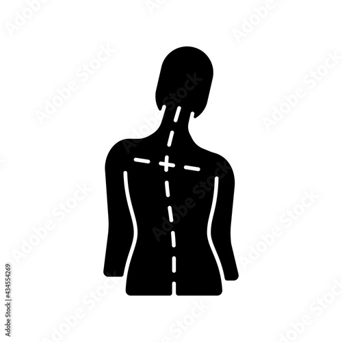 Uneven shoulders black glyph icon. Postural change. Difficulty walking. Back pain. Skeletal imbalances in body. Asymmetrical alignment. Silhouette symbol on white space. Vector isolated illustration