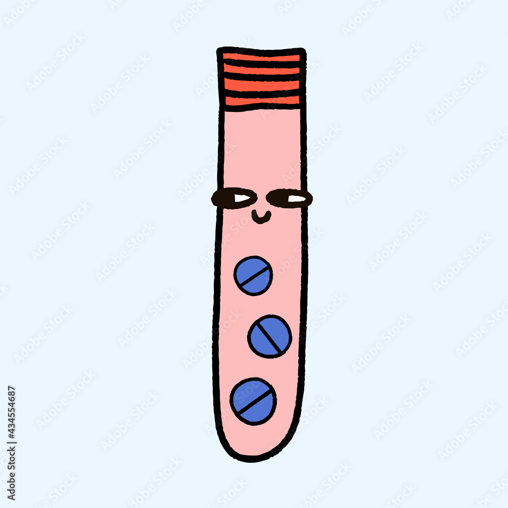 flat isolate test tube with tablets. Medicines character with eyes. Children's hand drawn style. Medicine in a glass bottle. One dose of the drug. Pharmaceuticals and Nutrition flat isolate test tube with tablets. Medicines character with eyes. Children's hand drawn style. Medicine in a glass bottle. One dose of the drug. Pharmaceuticals and Nutrition
