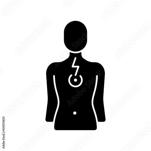 Chest pain black glyph icon. Affecting lungs and heart. Poor posture consequence. Problems in breathing patterns. Muscle tightness. Silhouette symbol on white space. Vector isolated illustration