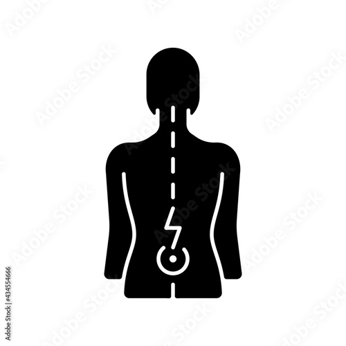 Lower back pain black glyph icon. Aging-related wear. Physical disability. Ruptured, bulging disc. Injury to connective tissue. Silhouette symbol on white space. Vector isolated illustration