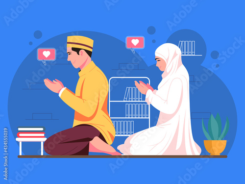 Muslim couple praying together character illustration