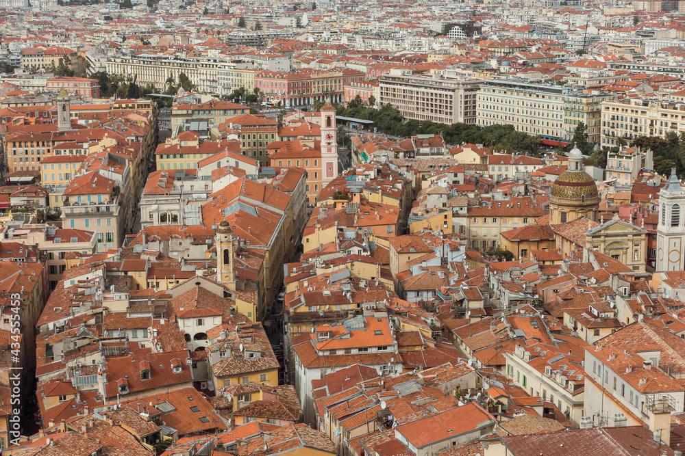 Panoramic view of city of Nice, France. Aerial top view of the old french riviera city with red roofs and promenades. High quality photo