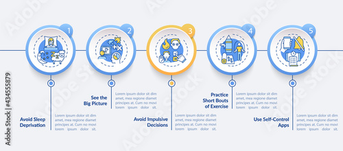 Self regulation boosting tips vector infographic template. Self control presentation design elements. Data visualization with 5 steps. Process timeline chart. Workflow layout with linear icons