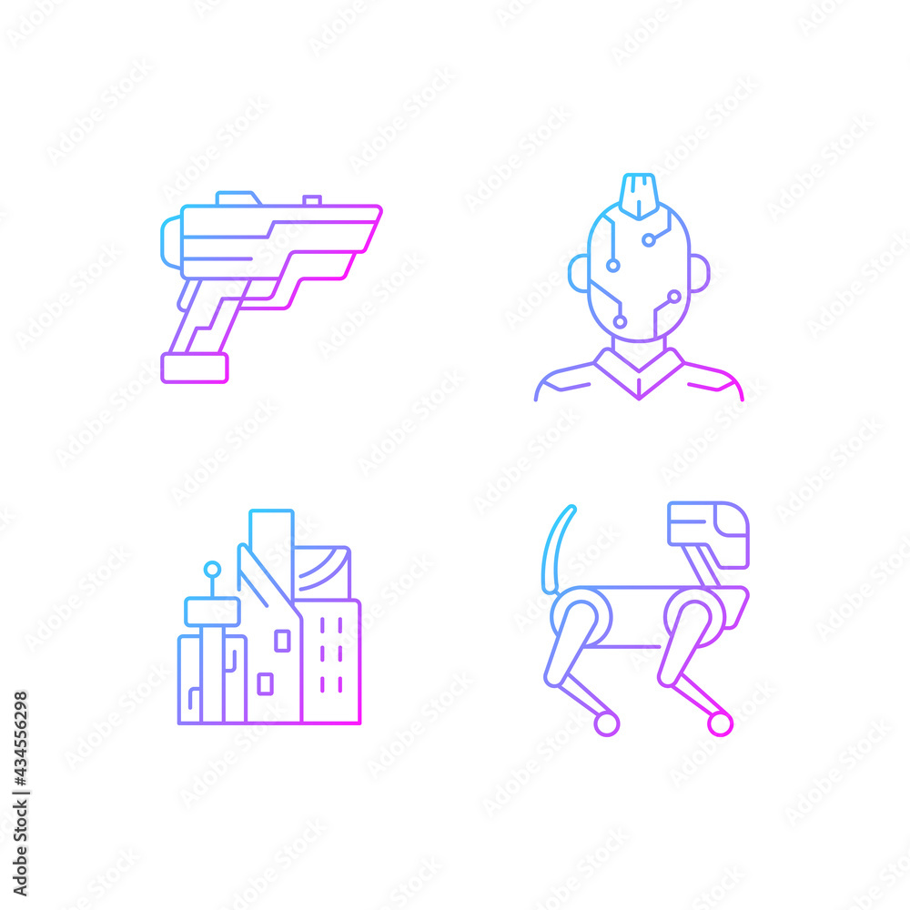 Cyberpunk items gradient linear vector icons set. Laser gun. Face microcircuit. Cyberpunk city. Future technology. Thin line contour symbols bundle. Isolated vector outline illustrations collection Cyberpunk items gradient linear vector icons set. Laser gun. Face microcircuit. Cyberpunk city. Future technology. Thin line contour symbols bundle. Isolated vector outline illustrations collection