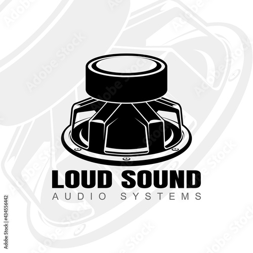 Logo design with audio speaker turned magnet up. Sound system speakers. Music icon. Musical column speaker bass equipment. Vector illustration. photo