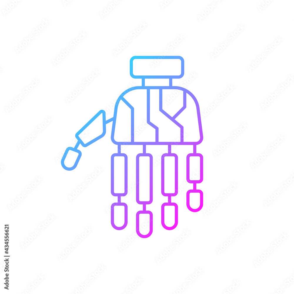 Bionic limb gradient linear vector icon. Innovative arm prosthetics. Hand prosthesis. Cyberpunk body augmentation. Thin line color symbols. Modern style pictogram. Vector isolated outline drawing