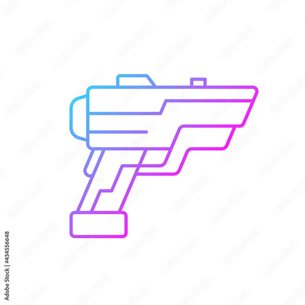 Laser weapon gradient linear vector icon. Ray gun. Beam pistol. Cyberpunk movie, sci fi game. Futuristic technology. Thin line color symbols. Modern style pictogram. Vector isolated outline drawing Laser weapon gradient linear vector icon. Ray gun. Beam pistol. Cyberpunk movie, sci fi game. Futuristic technology. Thin line color symbols. Modern style pictogram. Vector isolated outline drawing