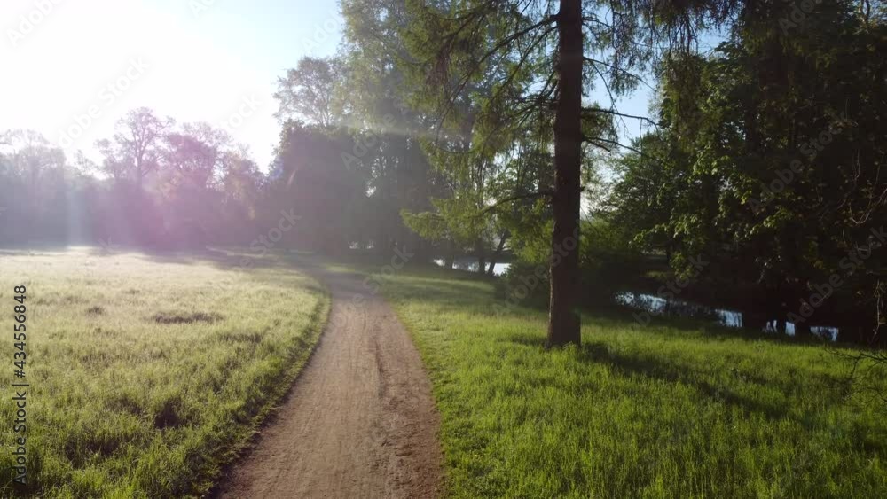 Aerial drone view flight over dirt path in park in early morning Aerial drone view flight over dirt path in park in early morning